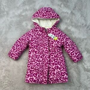 Please Mum Girl 2T Jacket Pink Heart Patterned Hooded Coat Zipper Fleece Lined